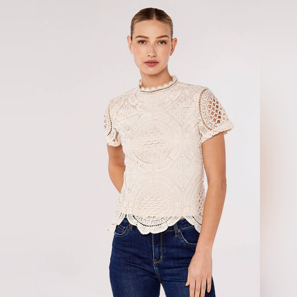 Ultra Pink Ivory Crochet Lace Short Sleeve Top